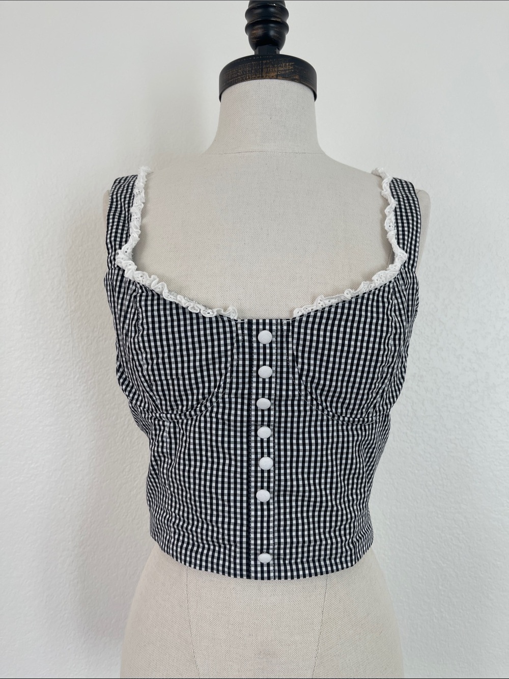 Altar'd State Black & White Gingham Lace Corset Top Tie Back Size M